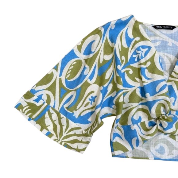 ZARA Linen Blend Crop Top Boho Print Knot Front Blouse Multicolor sky blue XS - Picture 5 of 11